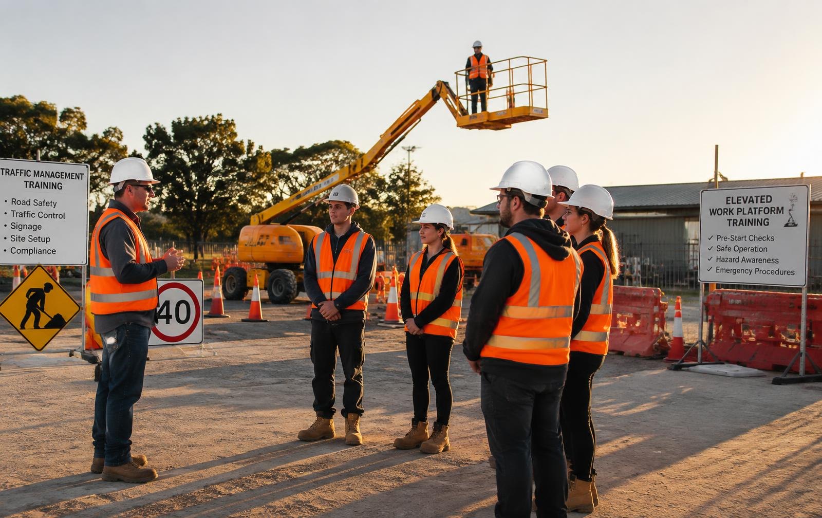 KEY Training instructor briefing students in hi-vis vests at a Victorian traffic management and EWP training yard
